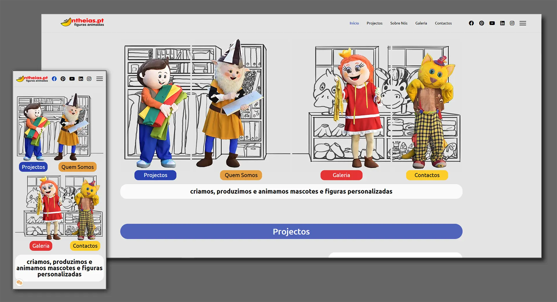 Web site desenvolvido com design personalizado para empresa N.THEIAS Mascot Costumes - Mascotes para vestir